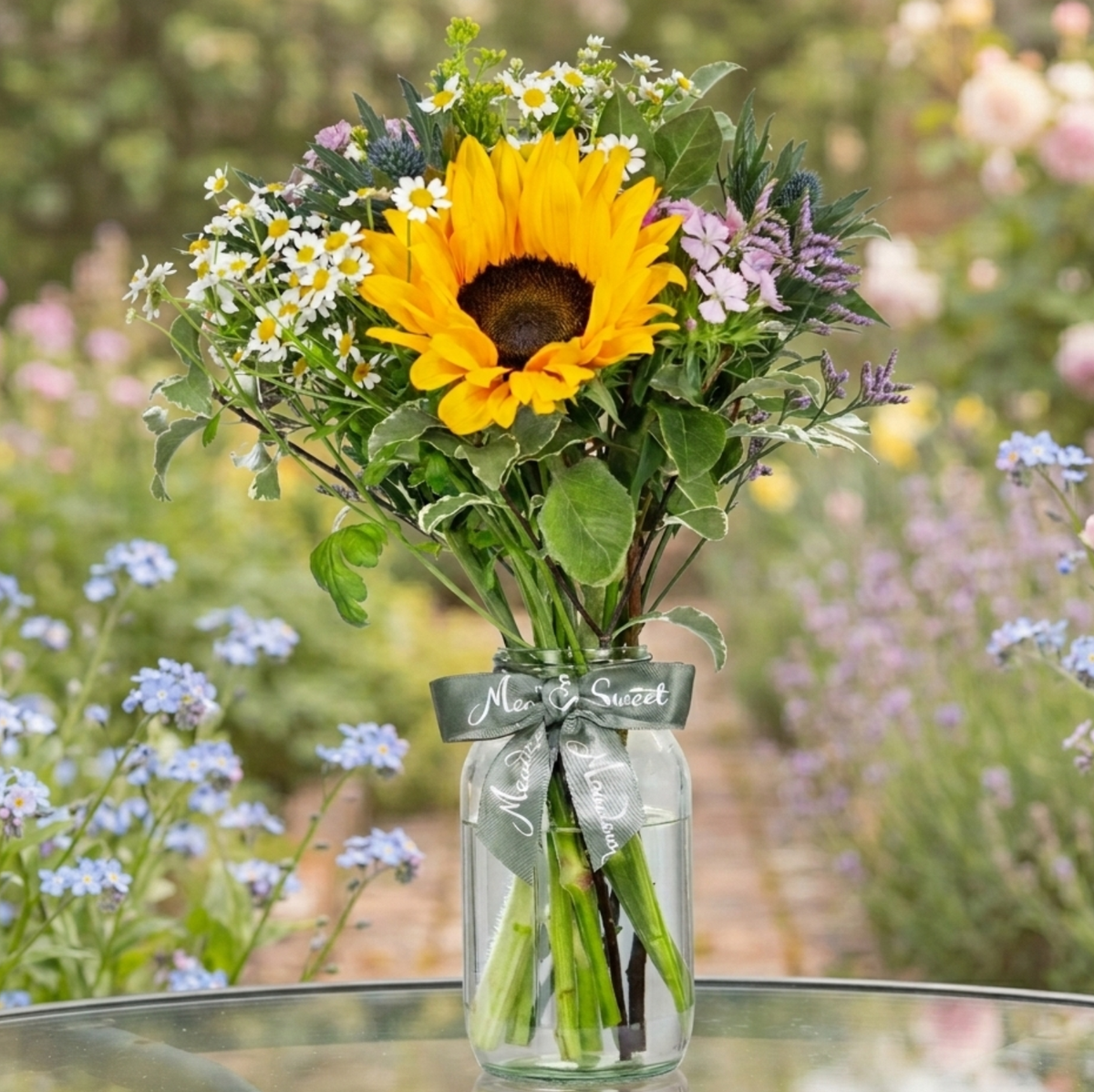 Bouquet of sunflowers and wildflowers in a glass jar with a garden background