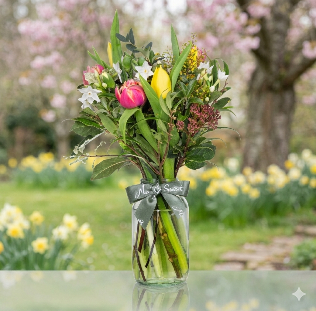 Bouquet of spring British grown flowers in a clear vase with a garden background