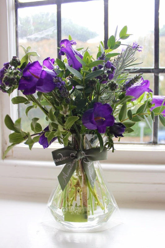 MeadowSweet seasonal posy with British campanula, ageratum, lovely fragrant lavender and anemones alongside pittosporum, eucalyptus, curry plant and helicrysum foliage. 