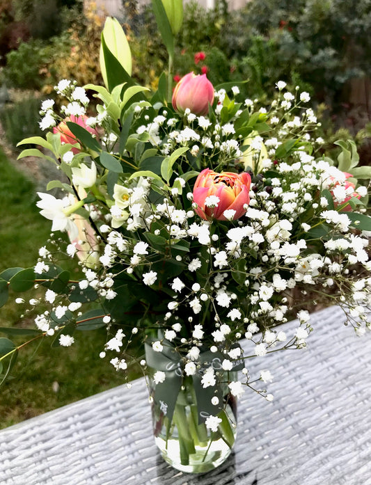 British tulips, gypsophila and lilies posy