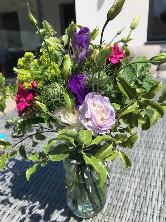 British seasonal flowers subscription posy including lisianthus, love in a mist