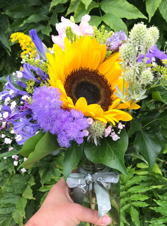 Sunflower and other British summer flower MeadowSweet posy