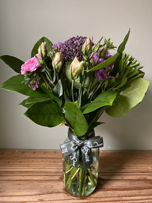 British flowers including asters, lisianthus and allium