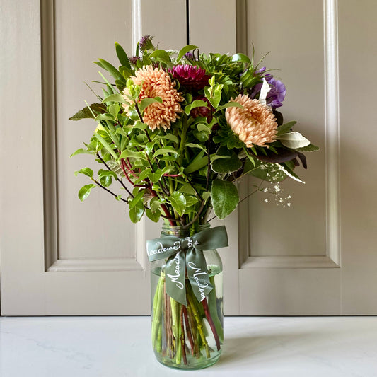 British grown helichrysum and asters in this summer posy of flowers