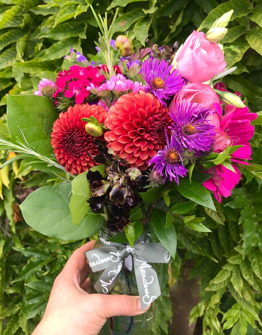 British autumnal flowers and foliage including dahlias in our MeadowSweet posy