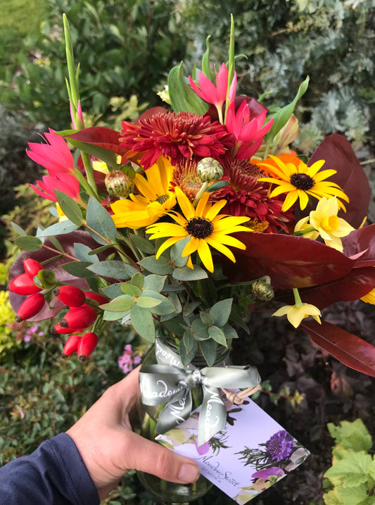 Beautiful British Autumn flowers and foliage in our sustainable flower subscription posy