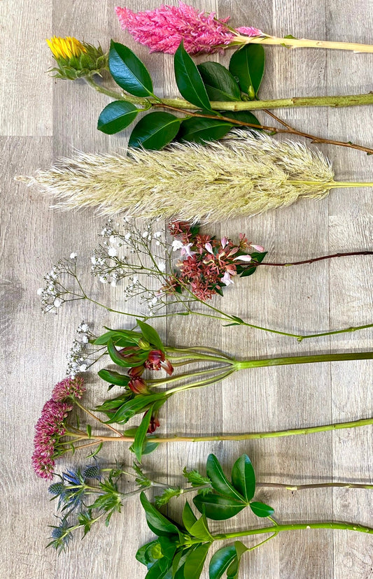 Autumnal British flowers and foliage including pampas grass