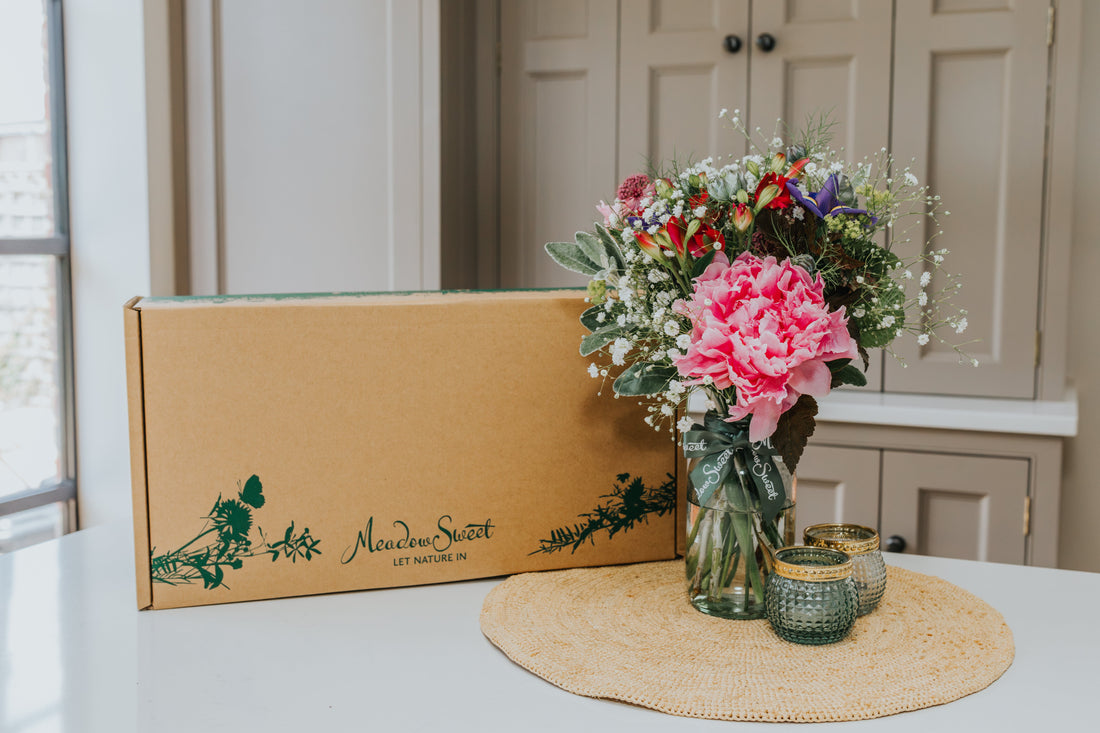MeadowSweet posy of British flowers and peony in glass jar next to postal delivery box