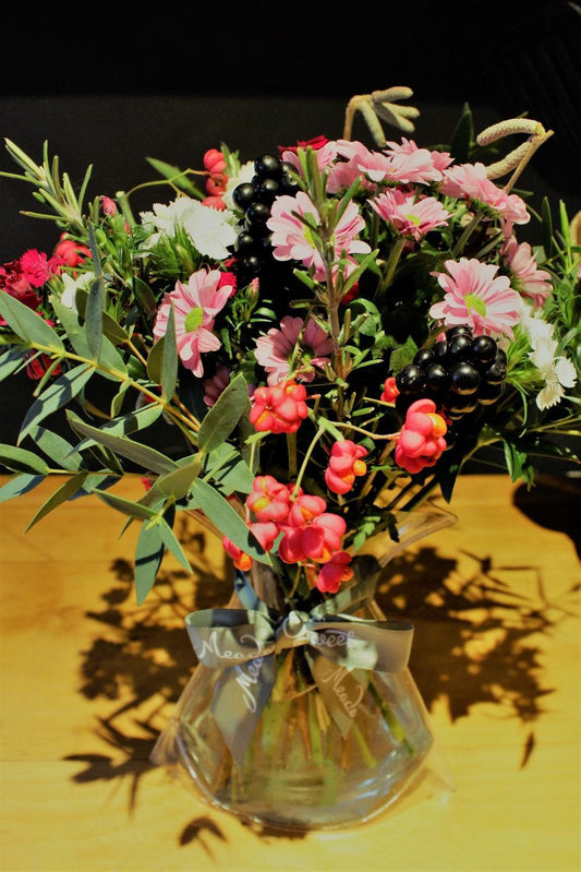 MeadowSweet seasonal posy with British spindleberry, Sweet Williams, privet berries, hazel catkins, rosemary and eucalyptus, plus Dutch santini.