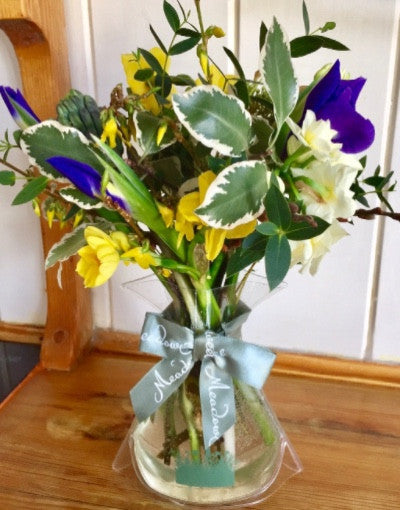 MeadowSweet pretty seasonal posy with Narcissi, Forsythia, Viburnum lauristinus, Eucalyptus, Pittosporum varigatum, Salix (pussy willow), Iris, Hyacinth.