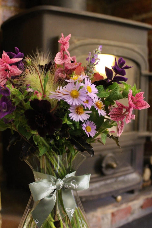 MeadowSweet seasonal posy with chocolate Cosmos.