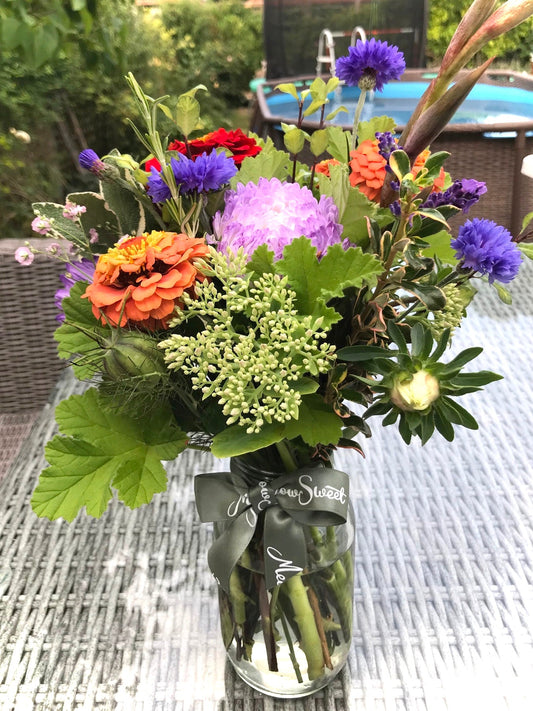 Locally grown late summer flowers including zinnias, asters and cornflowers