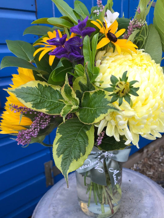 British grown snowball chrysanthemum and sunflowers
