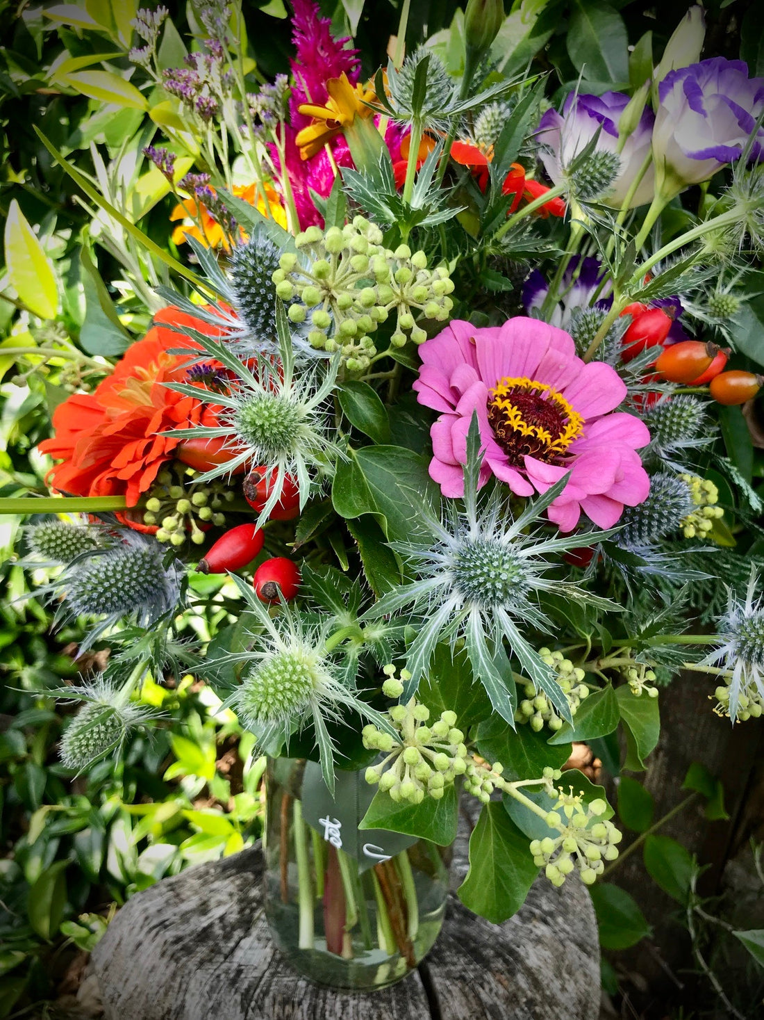 British, seasonal and homegrown autumnal flowers like zinnias and eryngium