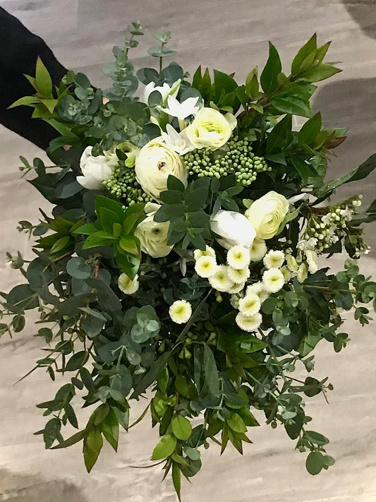 British ranunculus and flowers for a December wedding bridal bouquet