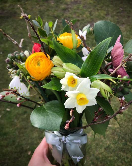British, seasonal flowers including ranunculus, snowdrop, narcissi and hellebore