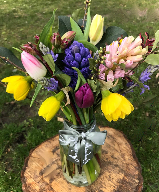 British, seasonal Springtime flowers including hyacinths, daffodils, tulips and bluebells
