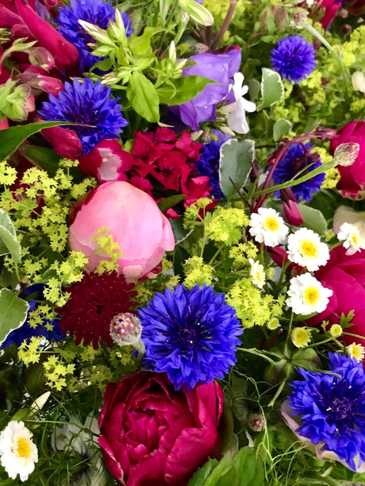 Beautiful British flowers including cornflowers and peonies