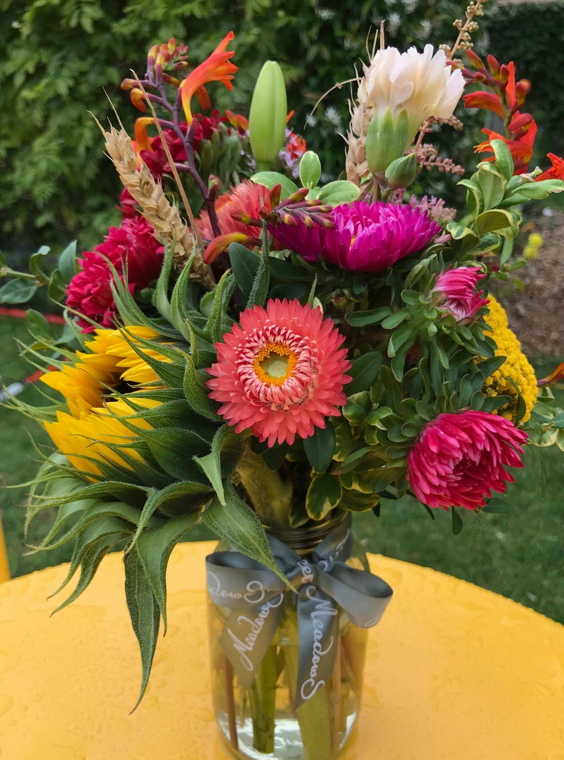 August locally grown flowers and foliage in a MeadowSweet glass jar