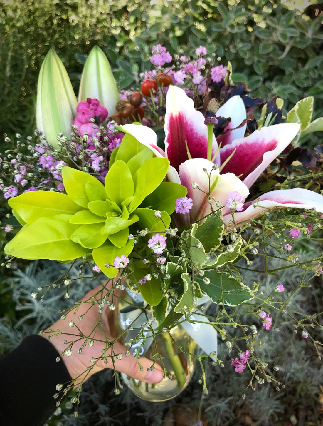 British grown lilies and gypsophila posy in a glass jar