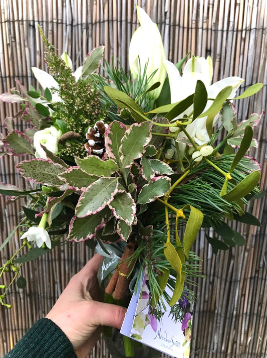 White Christmas British flowers and foliage in posy flower subscription