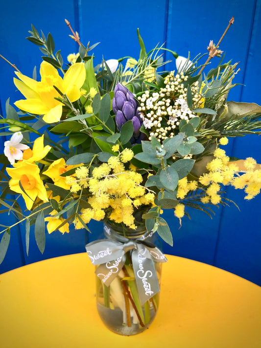 Blue and yellow British flower posy in support of Ukraine