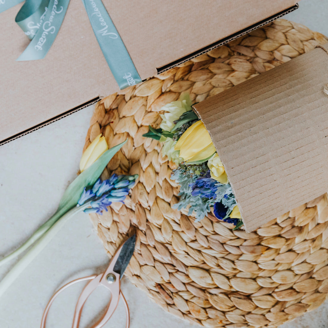 MeadowSweet British seasonal flower posy in kraft recycled packaging.