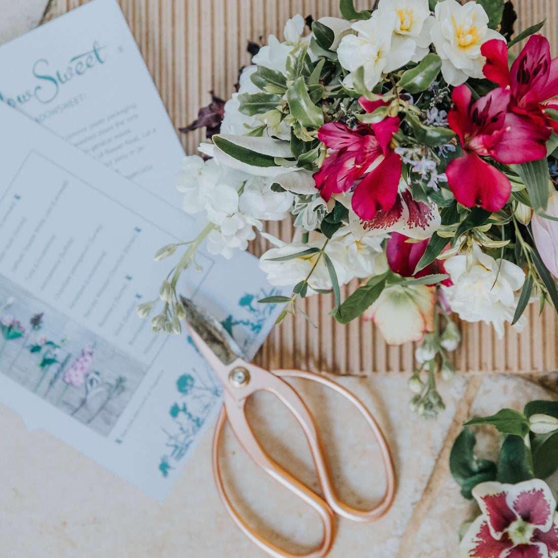 MeadowSweet posy of British seasonal flowers with packaging and information sheet