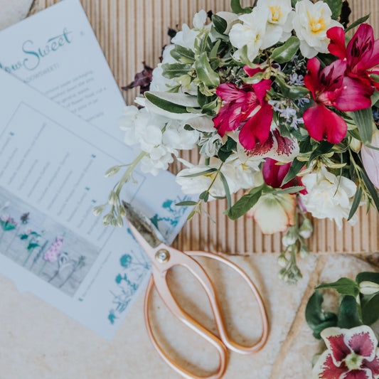 MeadowSweet posy of British seasonal flowers with packaging and information sheet