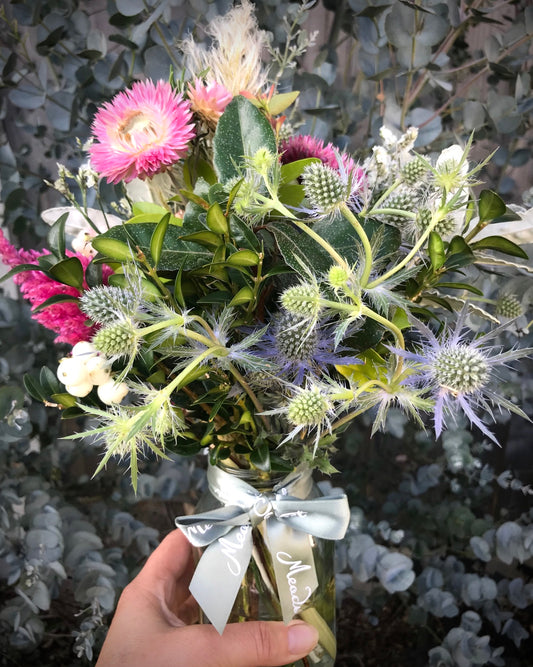 British eryngium, celosia and snowberry seasonal posy UK subscription