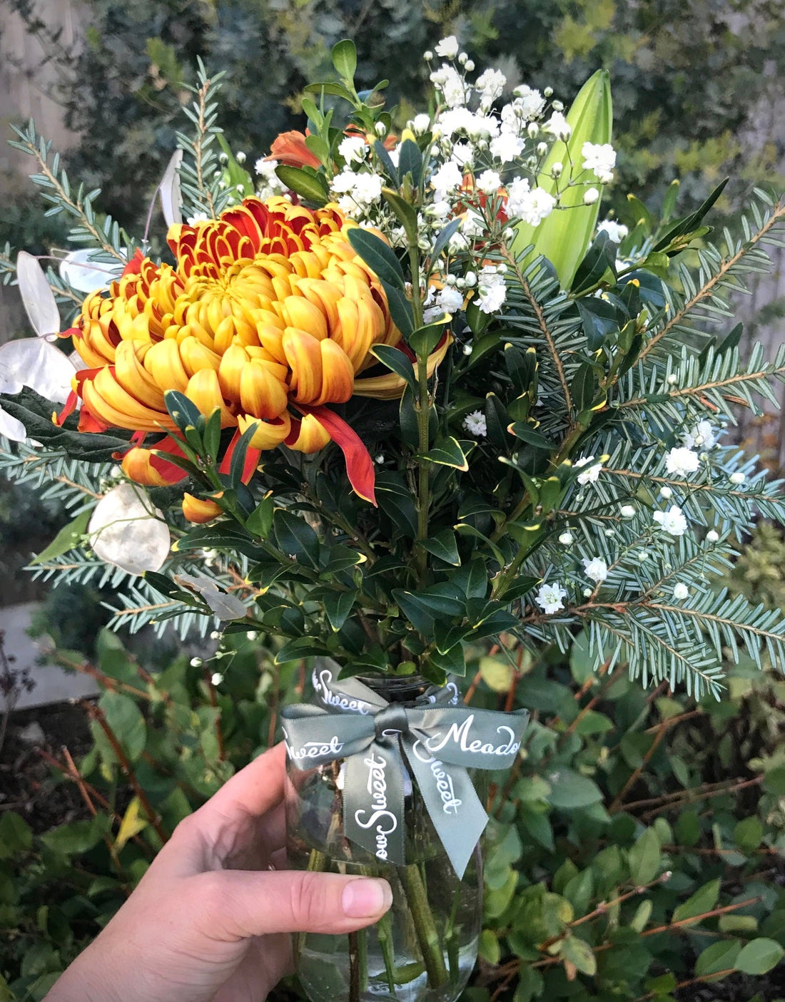 British seasonal chrysanthemum flowers in this November MeadowSweet posy with free UK delivery