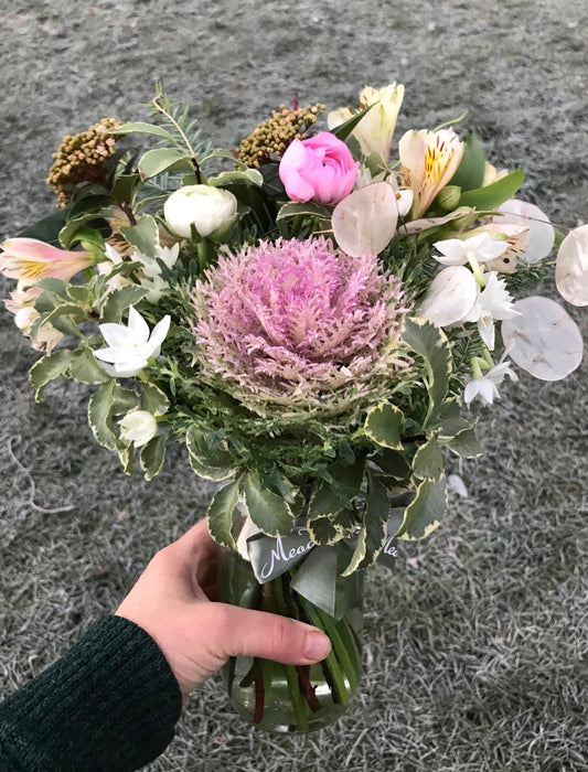Winter British flowers and foliage in this UK flower subscription posy