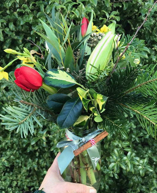 Festive British flowers and foliage for this Christmas flower subscription posy