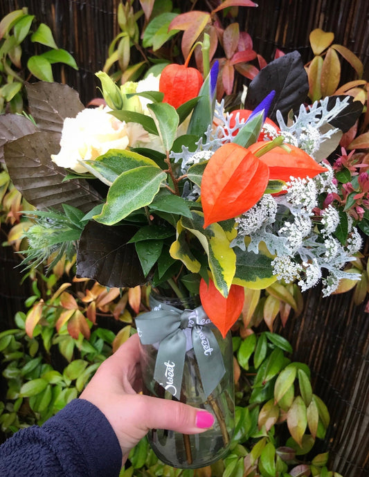 Autumnal British physalis and foliage for this British flower subscription bouquet