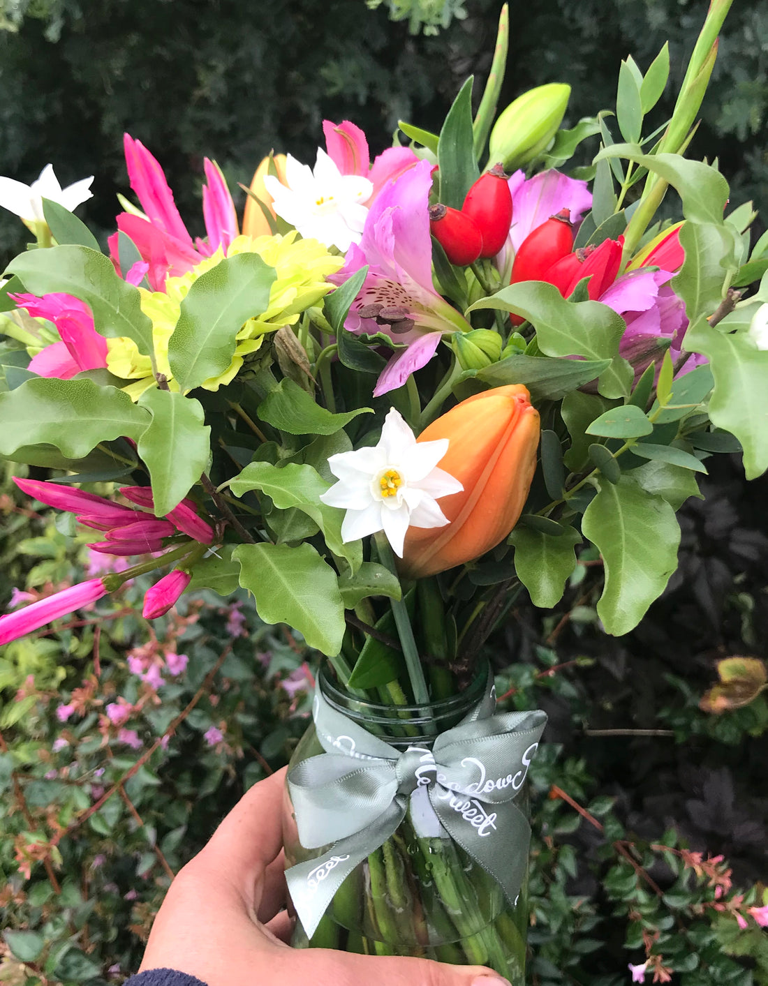 Colourful British seasonal flower posy