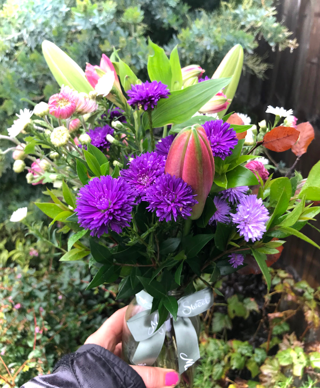 British seasonal flowers posy including Lincolnshire lilies