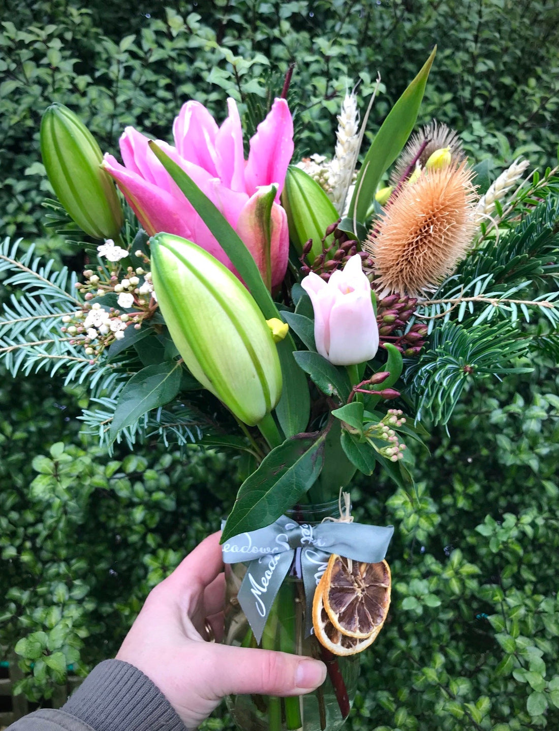 British grown roselily and teasel festive posy