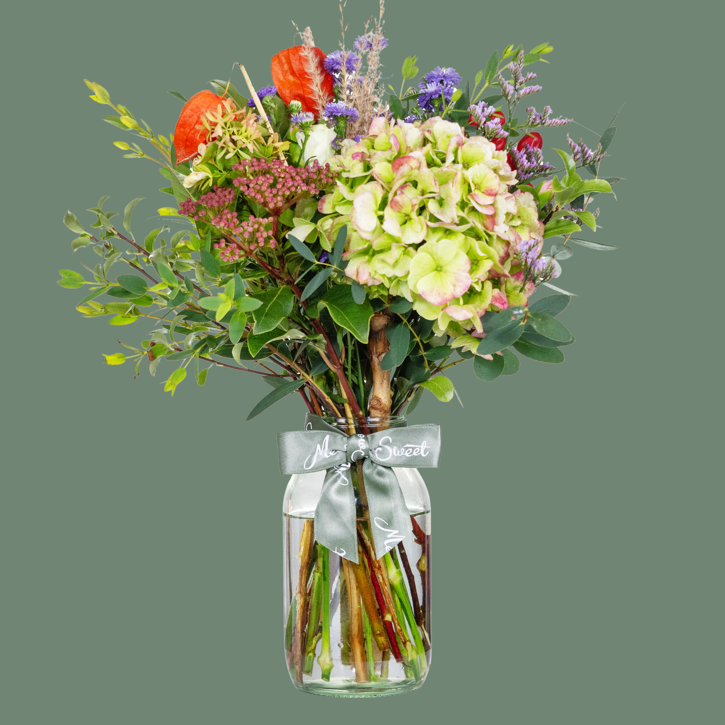 British Grown Autumn Hand-Tied Flower Posy with hydrangea In Recycled Glass Jar 