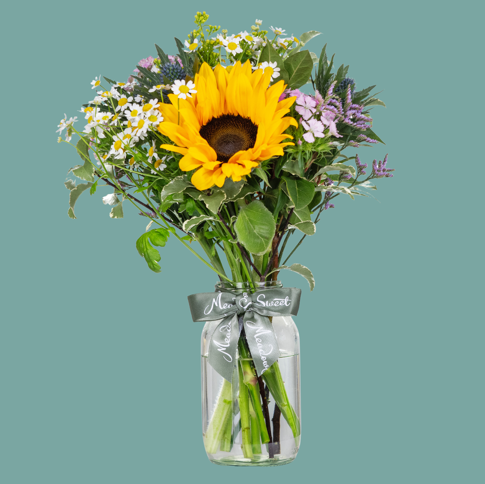 British Grown Summer Hand-Tied Flower Posy with sunflower sweet williams and daisies In Recycled Glass Jar