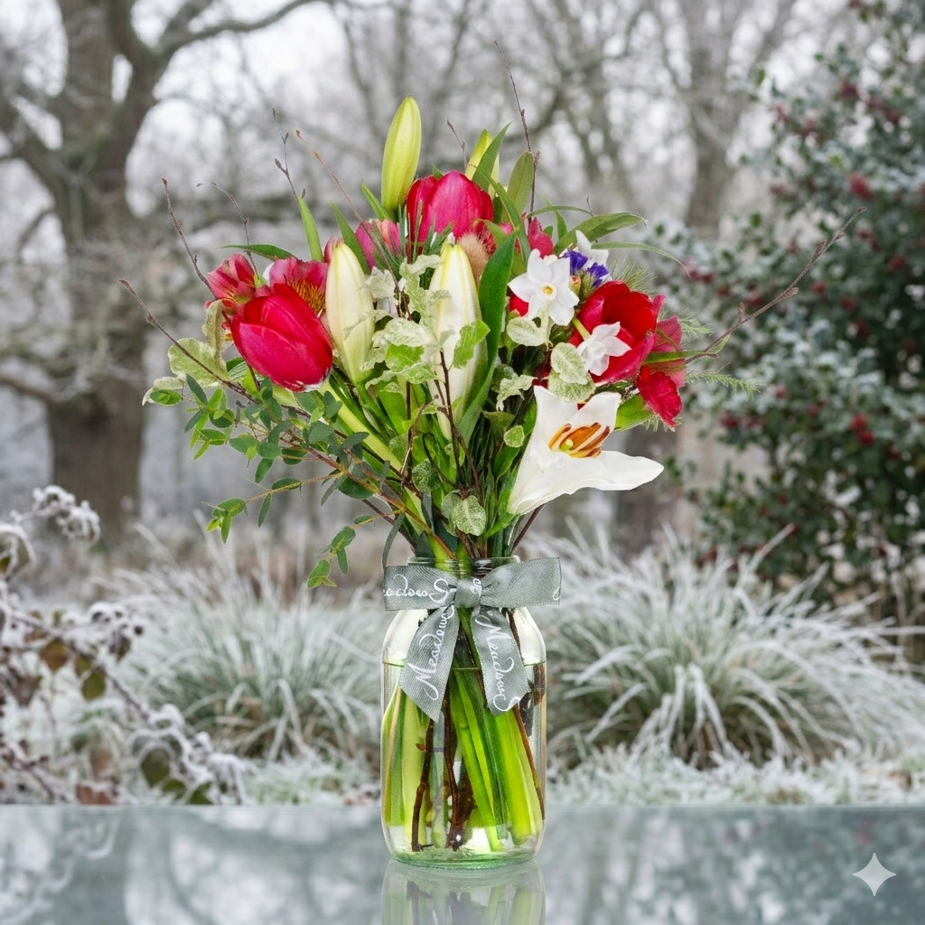 Bouquet of British grown winter flowers in a glass vase with a snowy background