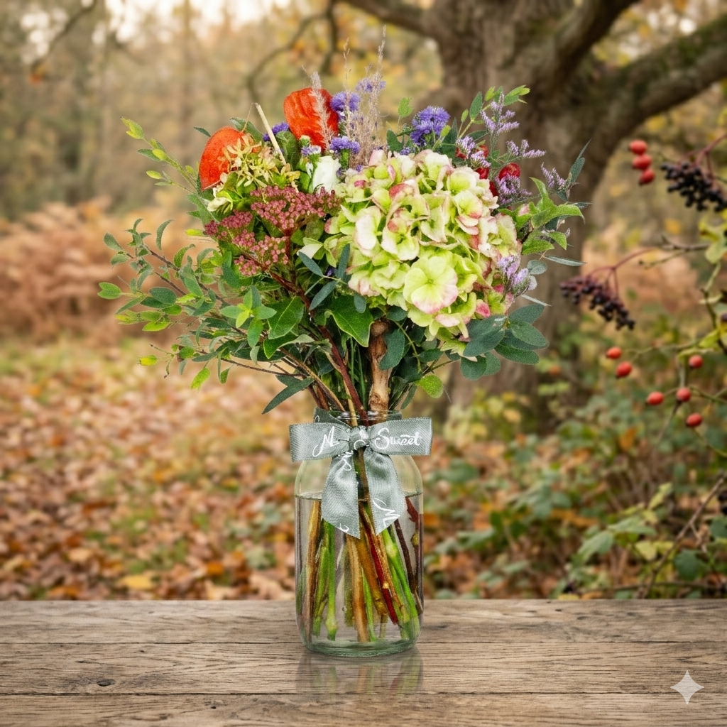 Posy of British grown Autumn flowers in a glass vase with a ribbon on a wooden table outdoors.