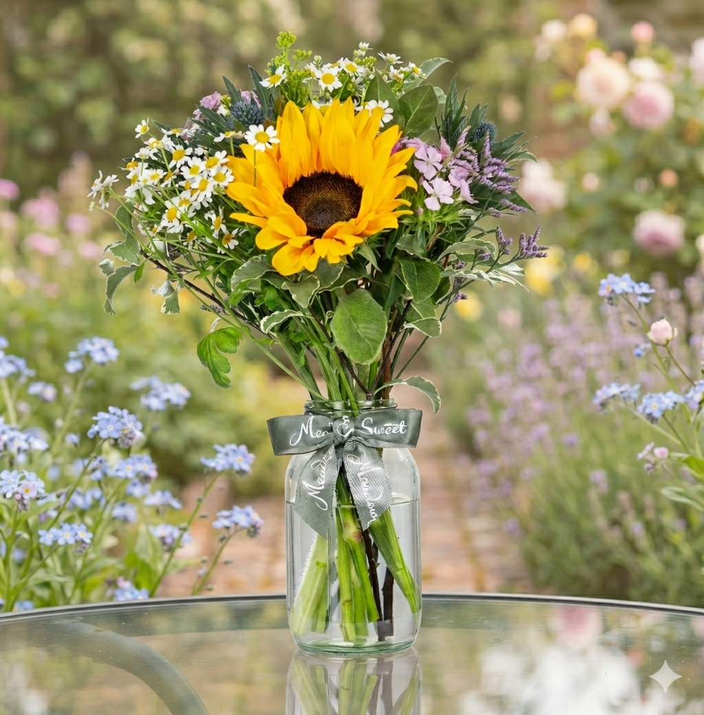 Posy of British grown sunflower and wildflowers in a clear vase with a green ribbon on a blurred garden background.