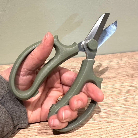 Hand holding Japanese-style green-handled floristry scissors on a wooden surface with a neutral background