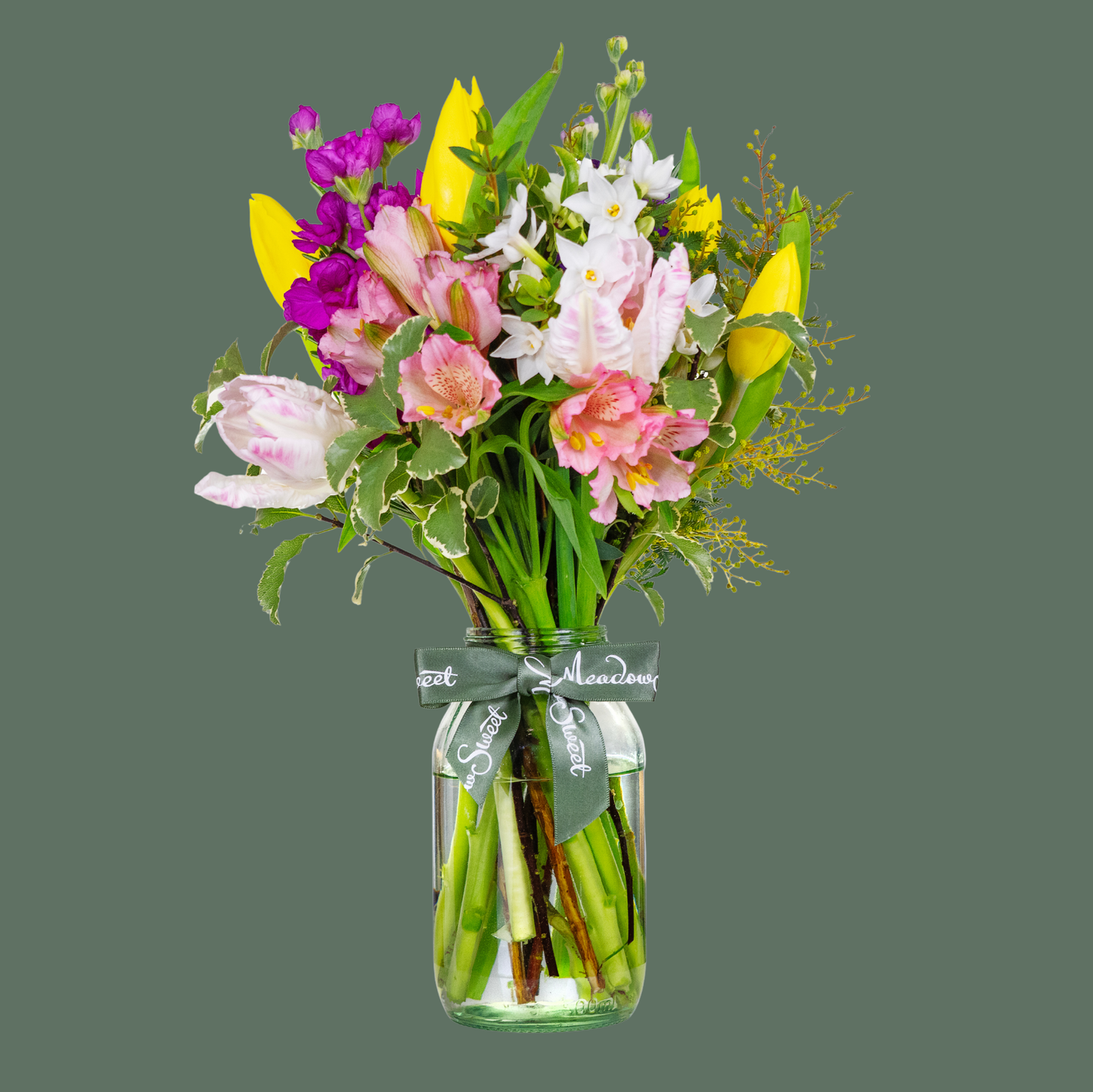 British Spring Hand-Tied Flower Posy with tulips and scented stocks In Glass Jar