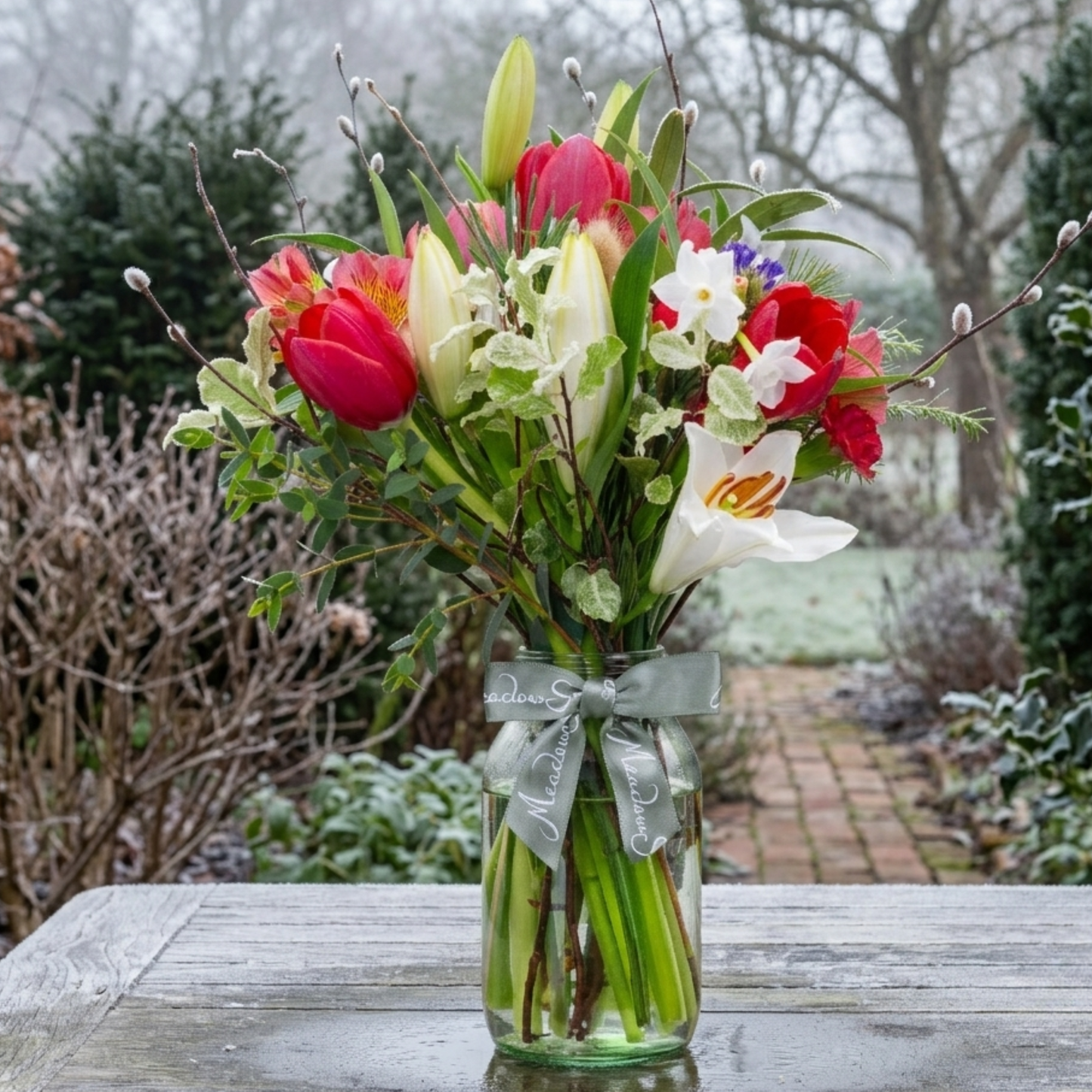Bouquet of British winter grown flowers in a glass jar on a wooden table with a frosty garden background