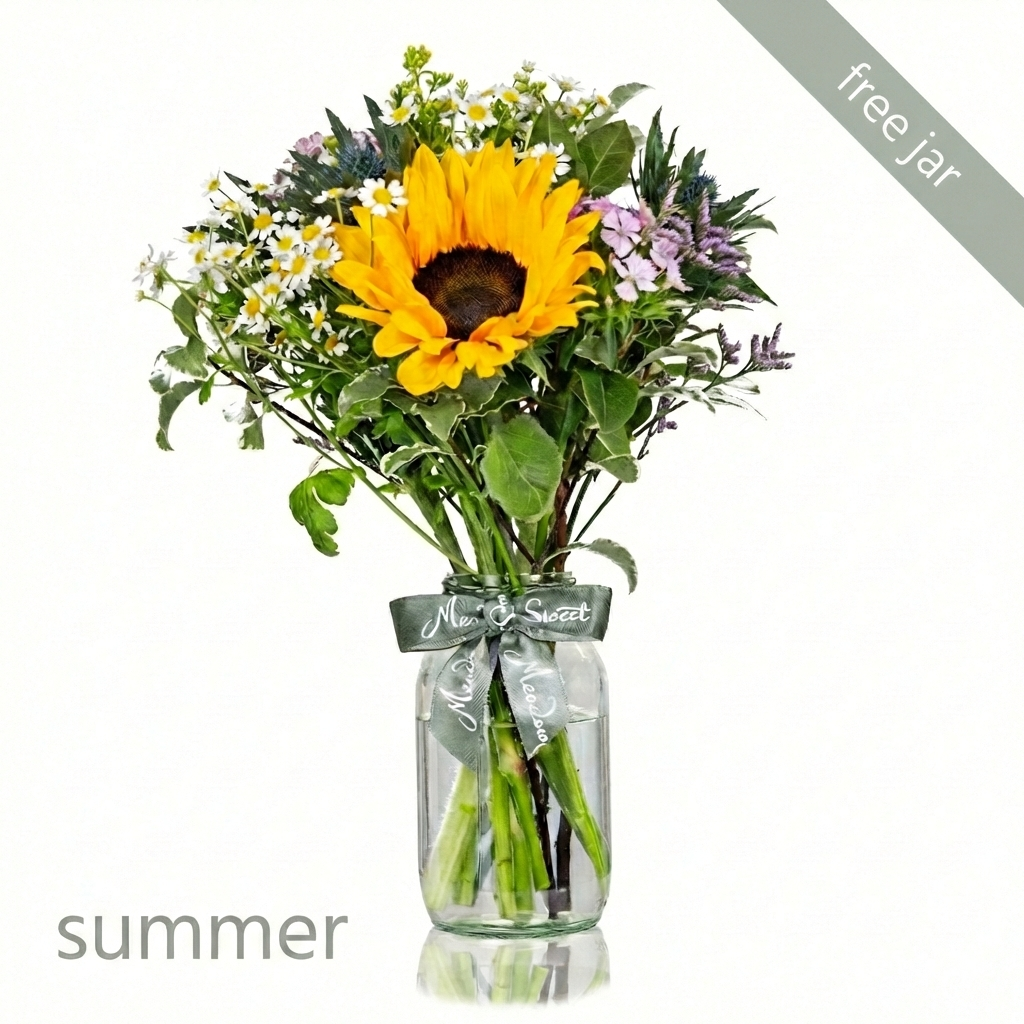 Bouquet of sunflowers and other flowers in a clear jar with a green bow, on a white background.